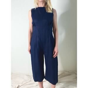 WOLCOTT: TAKEMOTO Navy Linen Sleeveless Culotte Wide Leg High Waist Jumpsuit XS
